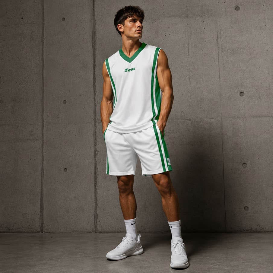 Zeus Kit Bozo Basketbaltenue + korte broek 2-delig. Wit/groen