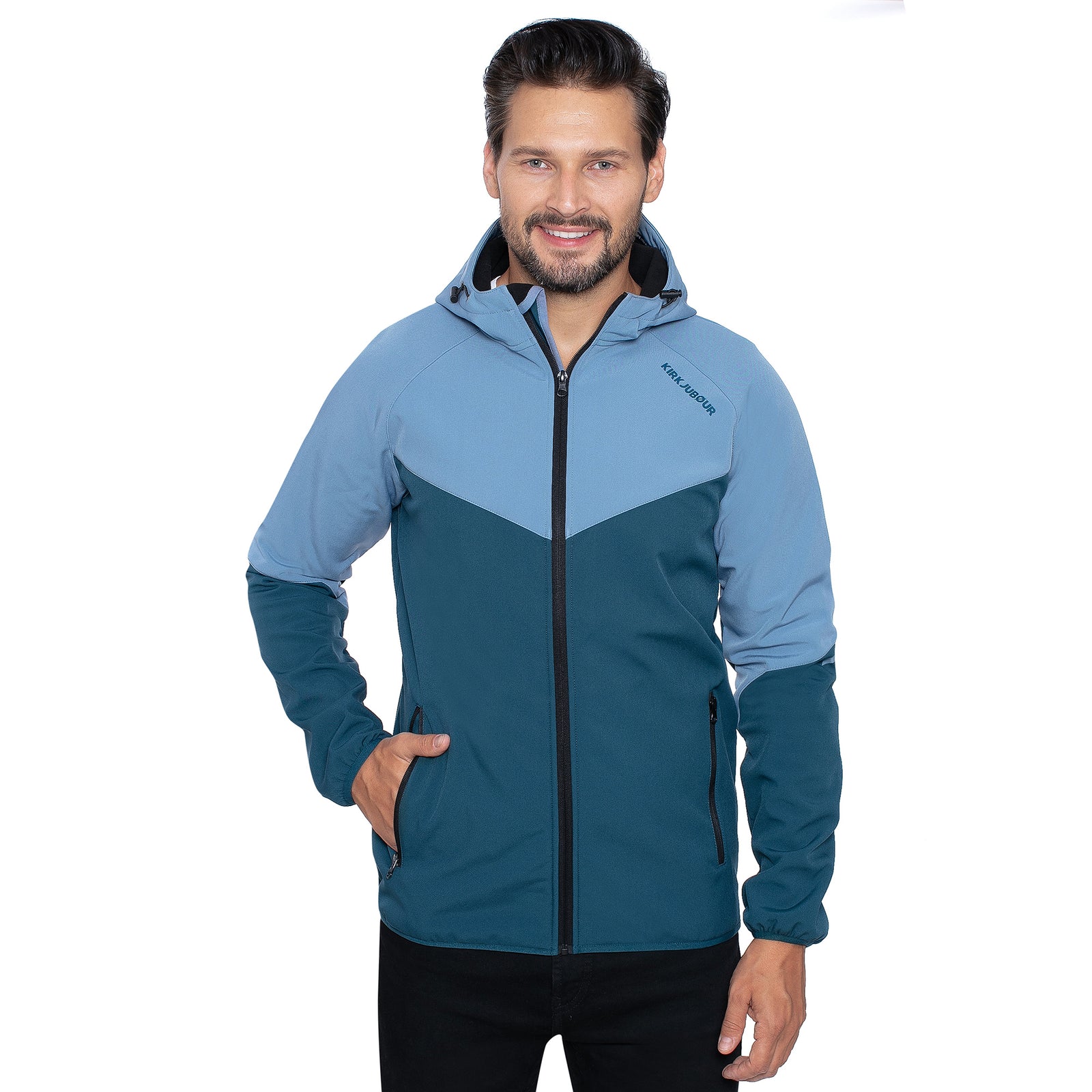 KIRKJUBØUR® "Njordr" heren SOFTSHELL-jas 10.000 mm waterkolom blauw/lichtblauw