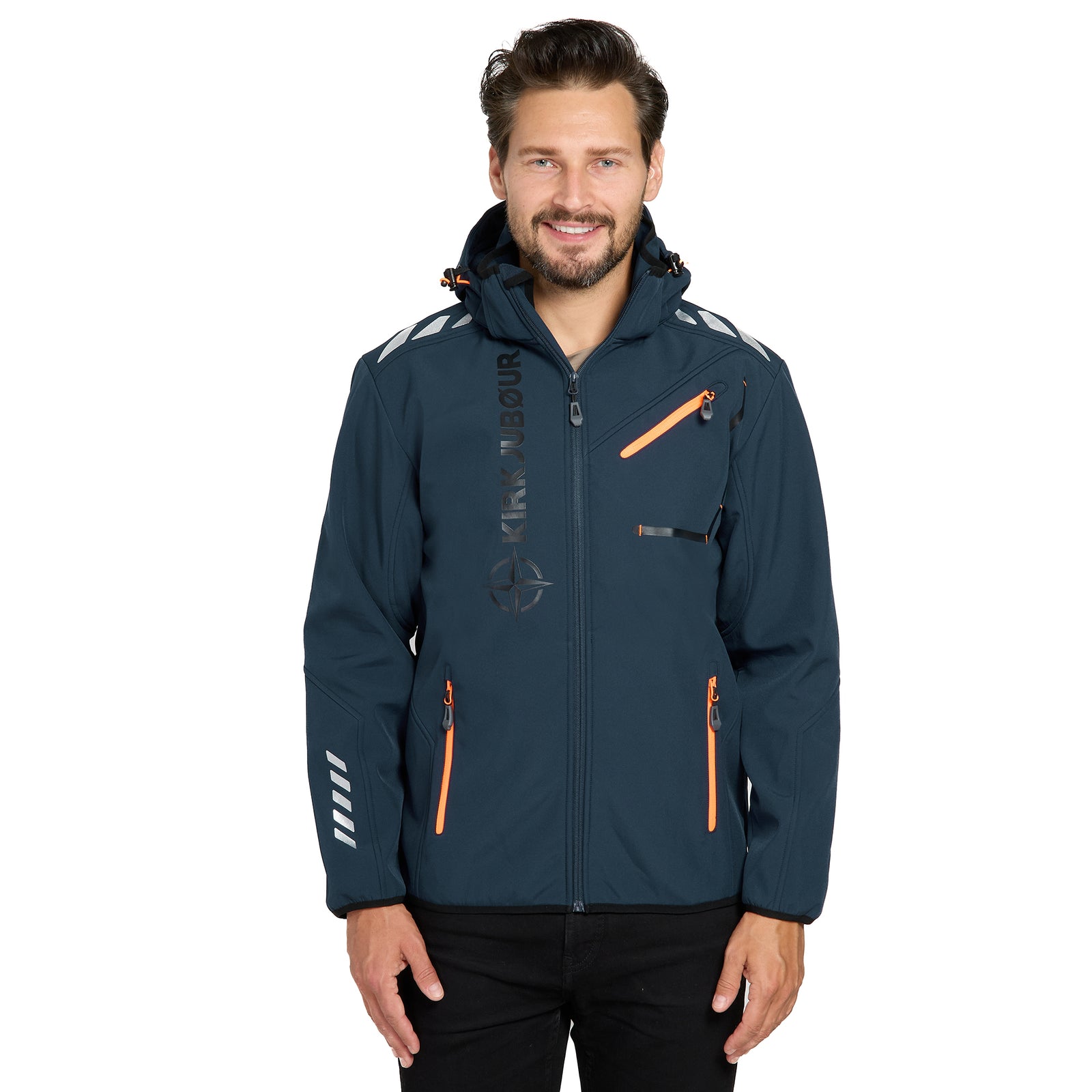 KIRKJUBØUR® "Alvik" Softshelljack voor heren 10.000 mm waterkolom marine/oranje