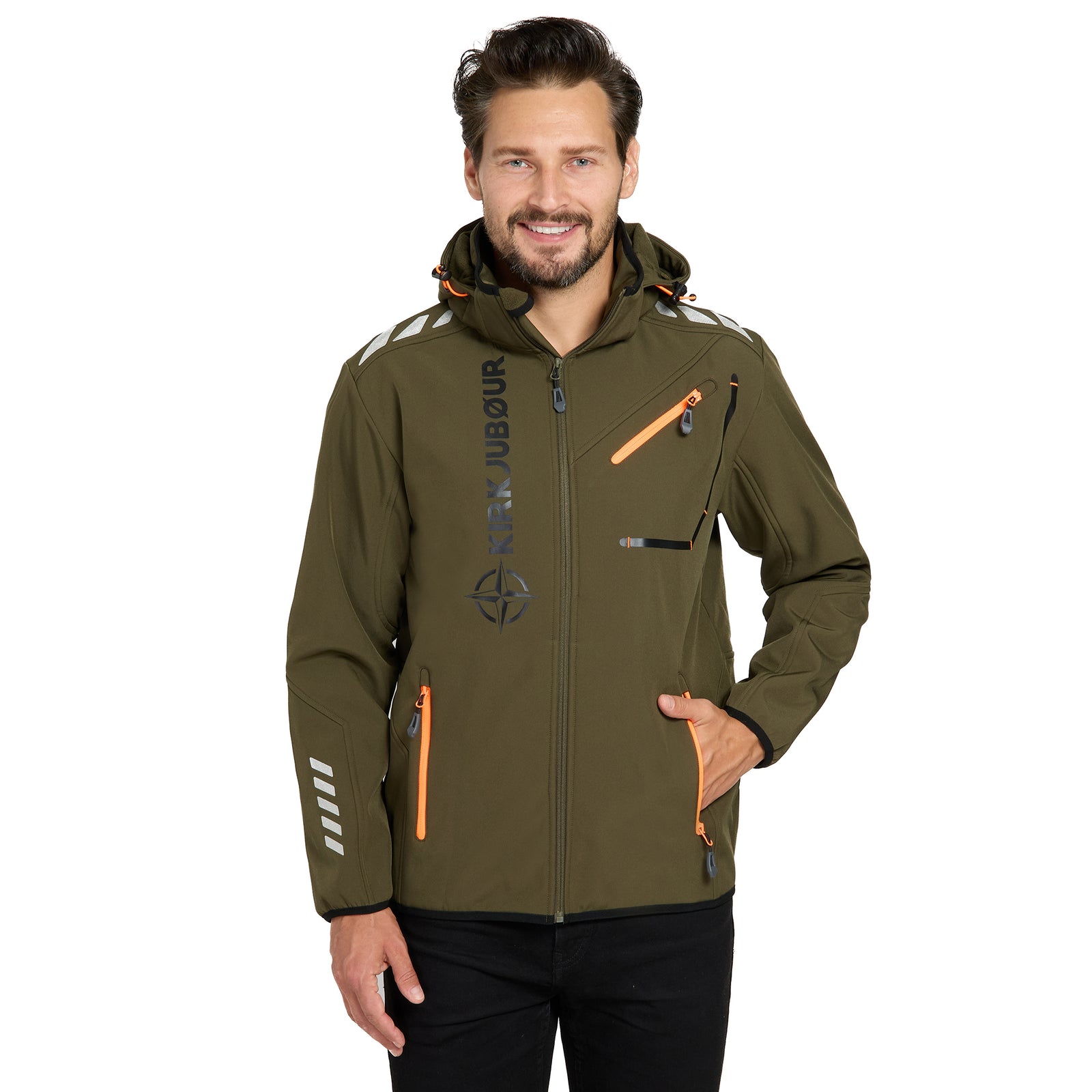 KIRKJUBØUR® "Alvik" Softshelljack voor heren 10.000 mm waterkolom kaki/oranje
