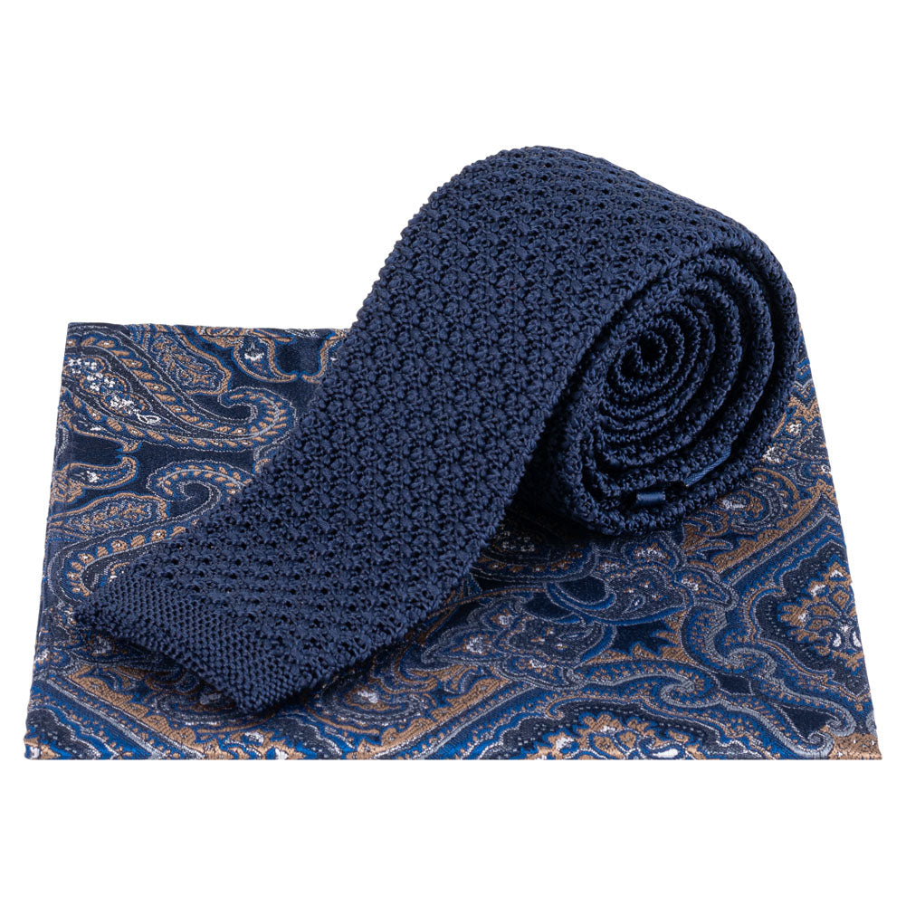 Lambretta Paisley Heren Gebreide Stropdas en Pochet LAMAW2312-NAVY