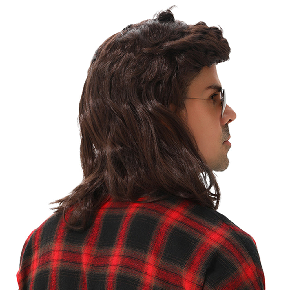 MAASKANTJE "Frituur" Retro Mullet Vokuhila pruik donkerbruin