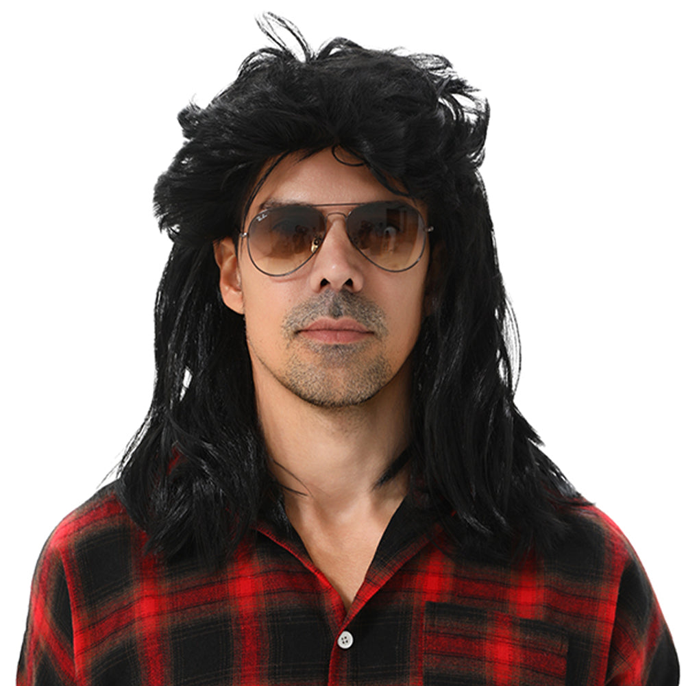 MAASKANTJE "Schnitzel" Retro Mullet Vokuhila Pruik zwart