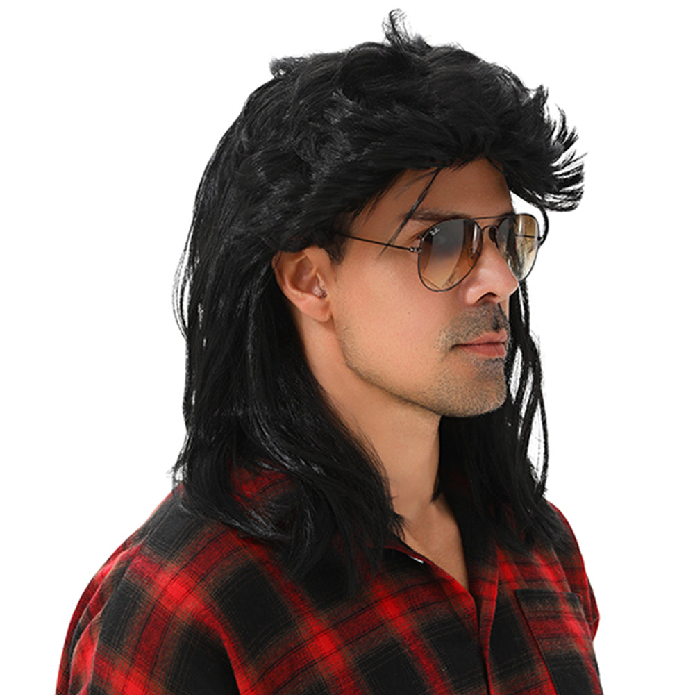 MAASKANTJE "Schnitzel" Retro Mullet Vokuhila Pruik zwart